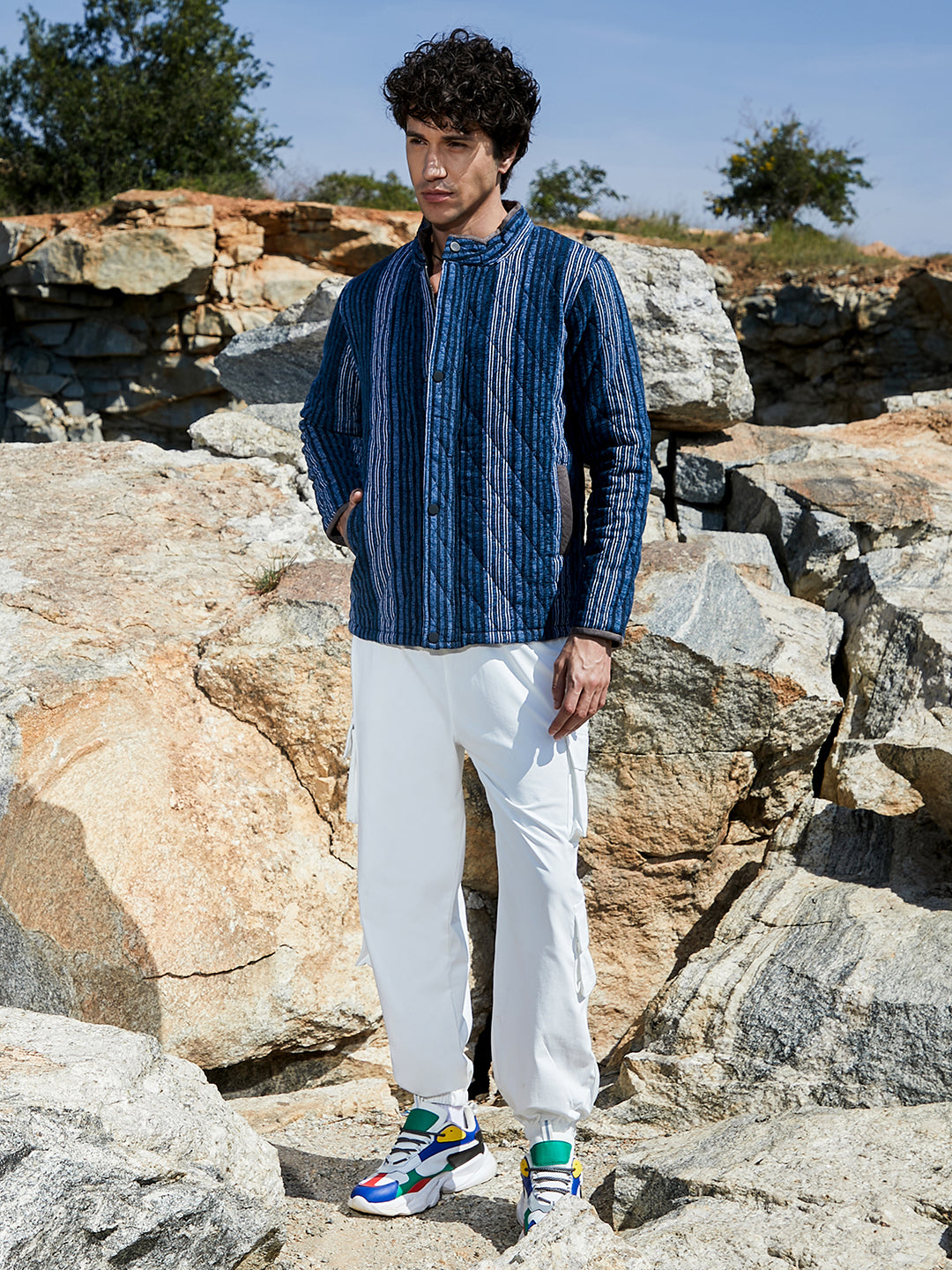 Mens Black Prussian Blue Striped Quilted Bomber Jacket