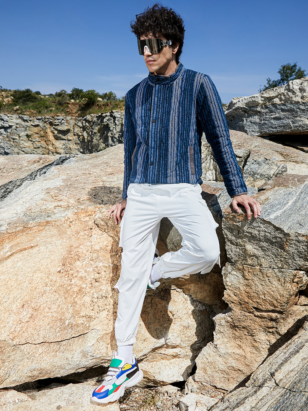 Mens Black Prussian Blue Striped Quilted Bomber Jacket