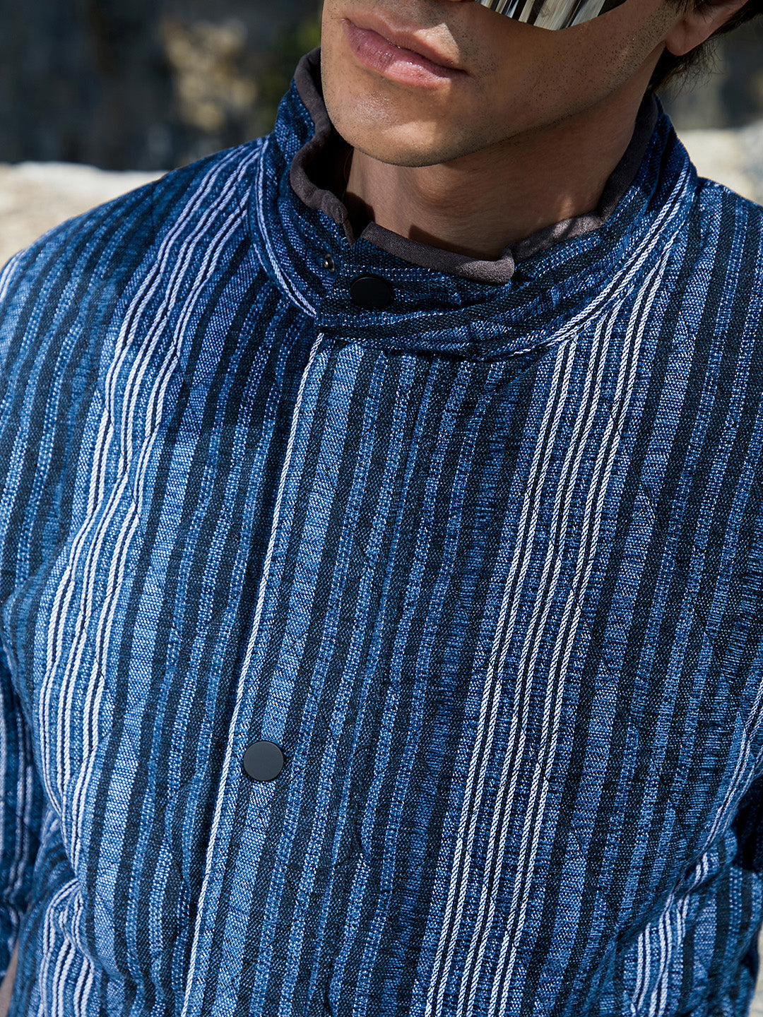 Mens Black Prussian Blue Striped Quilted Bomber Jacket