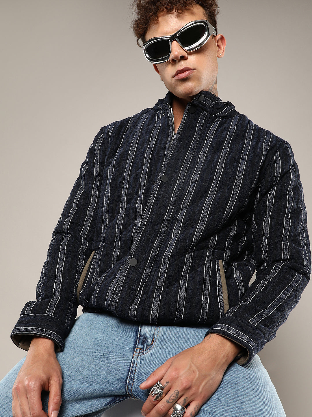 Mens Navy Blue Fleece Block Denim Jacket