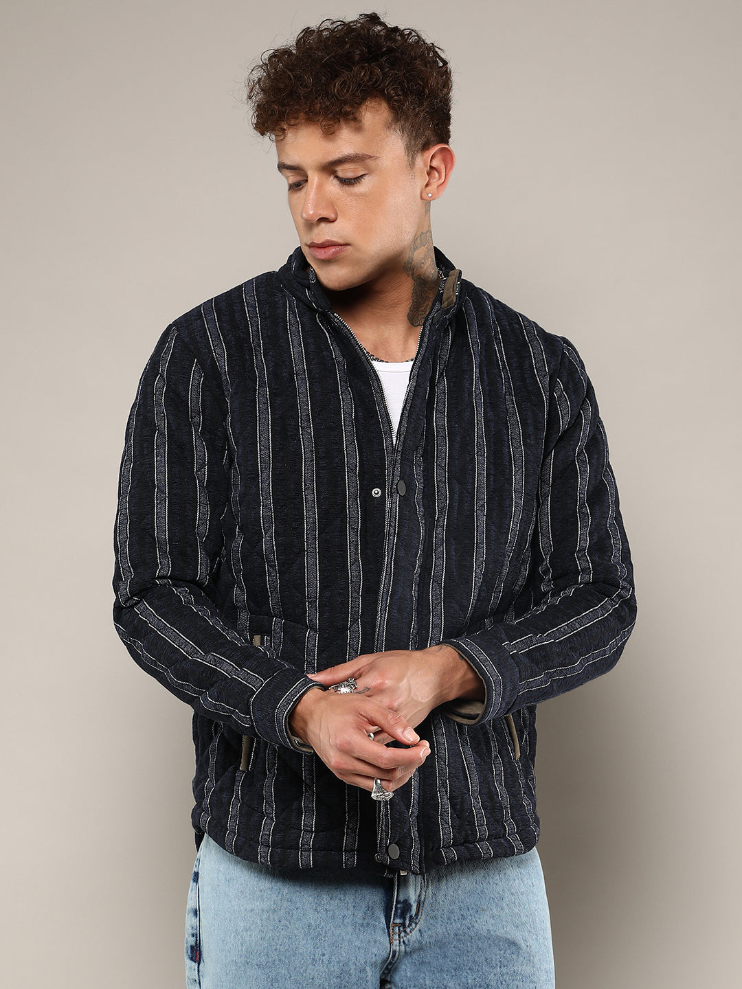 Mens Navy Blue Fleece Block Denim Jacket