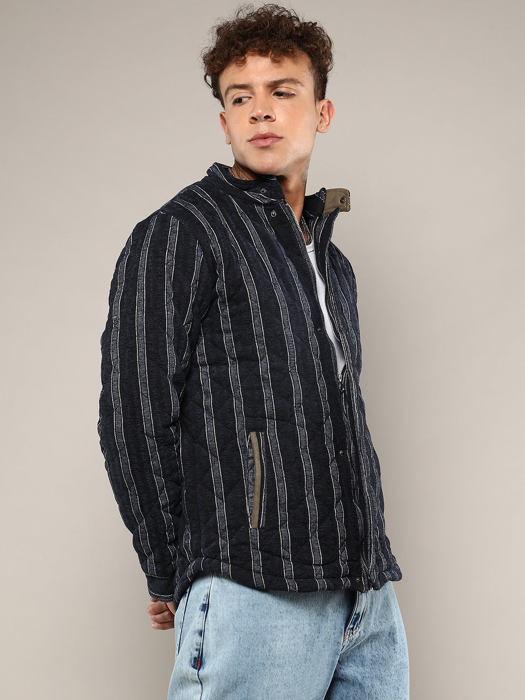 Mens Navy Blue Fleece Block Denim Jacket