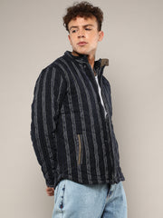 Mens Navy Blue Fleece Block Denim Jacket