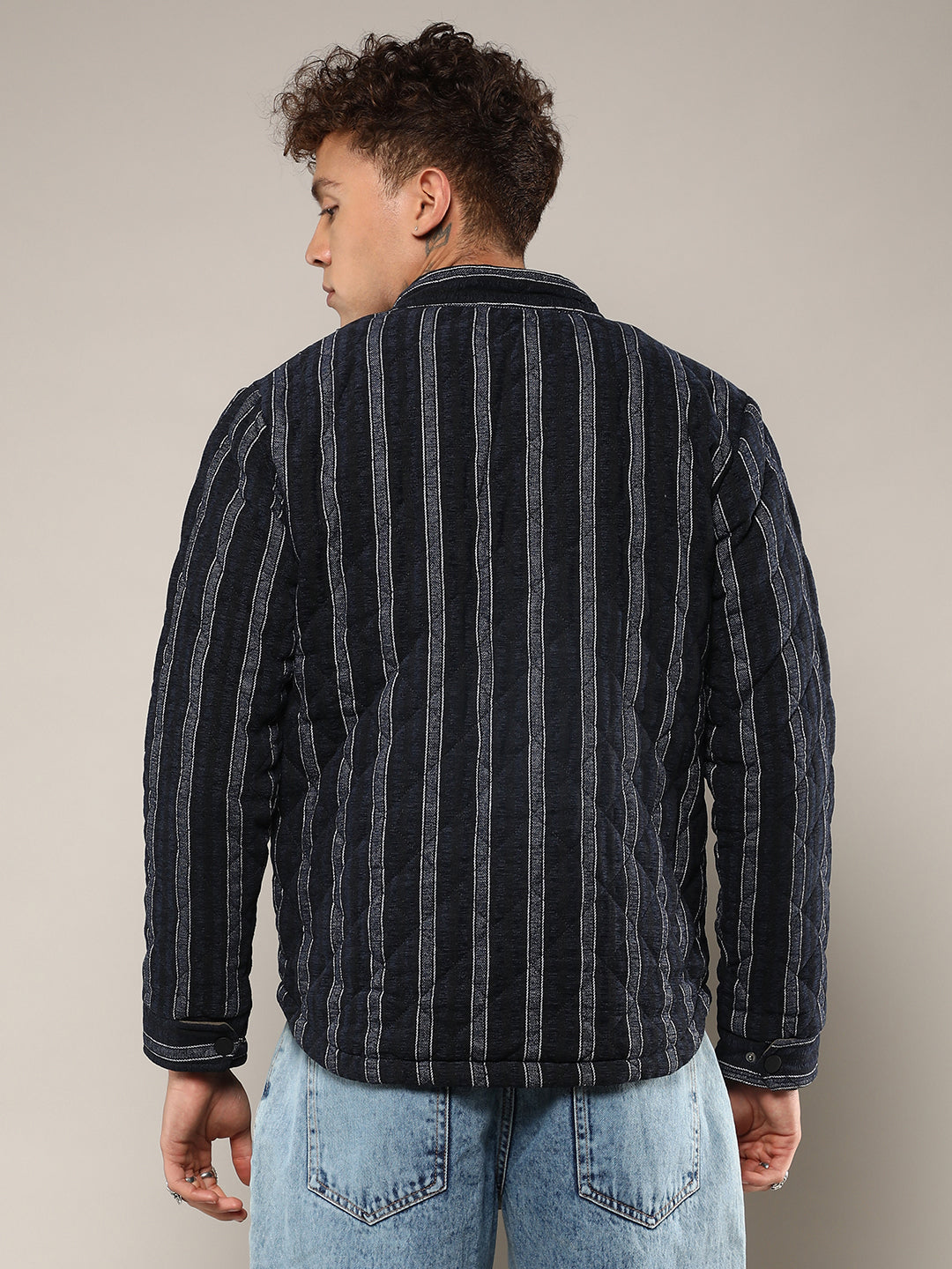 Mens Navy Blue Fleece Block Denim Jacket