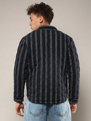 Mens Navy Blue Fleece Block Denim Jacket