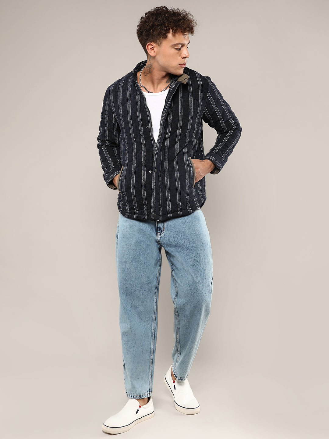 Mens Navy Blue Fleece Block Denim Jacket