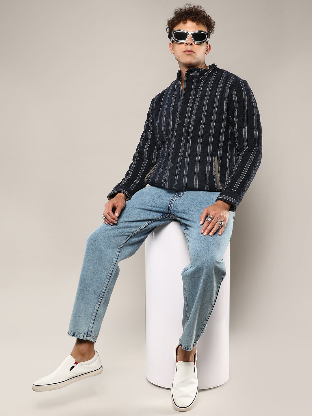 Mens Navy Blue Fleece Block Denim Jacket