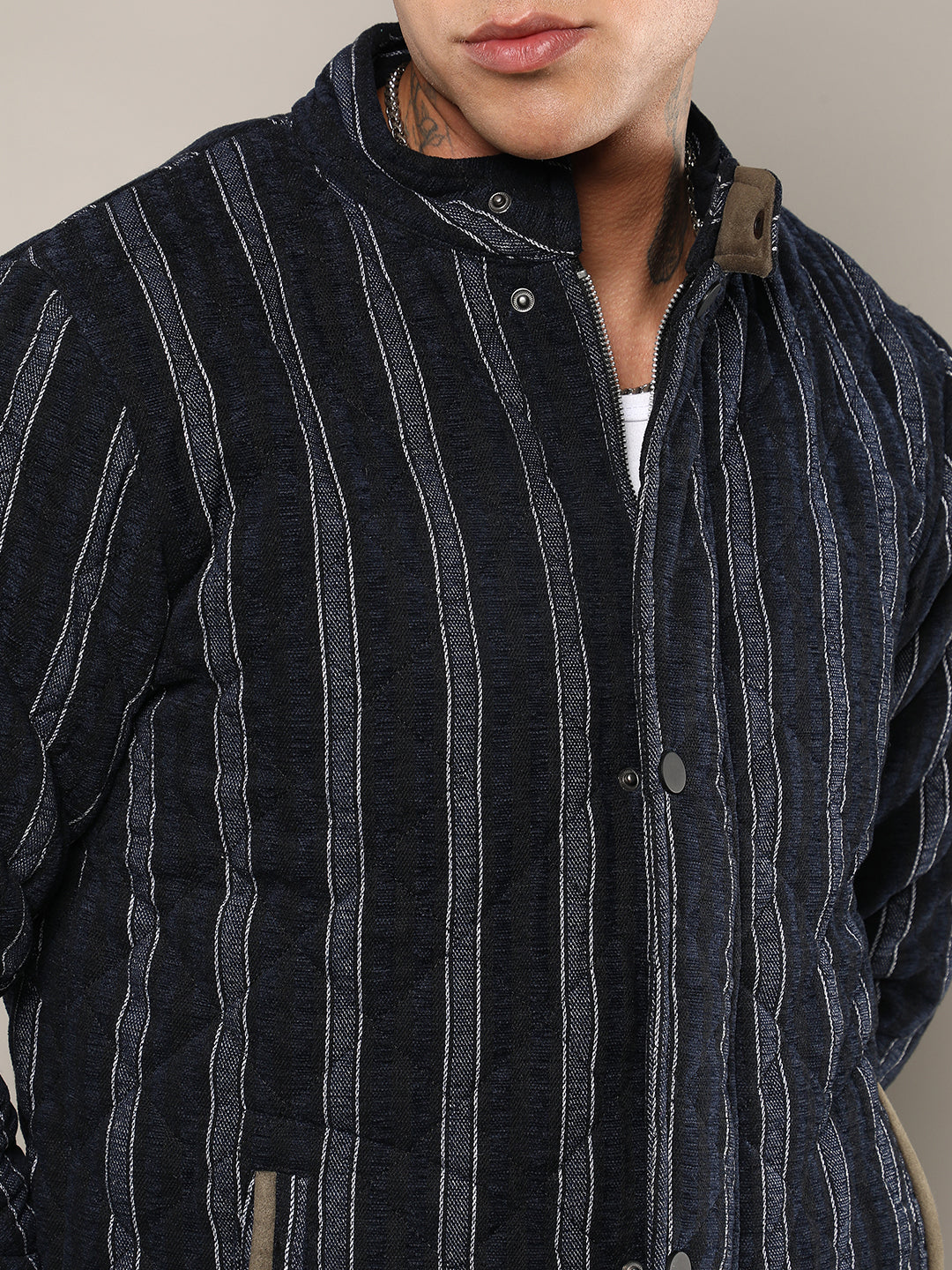 Mens Navy Blue Fleece Block Denim Jacket