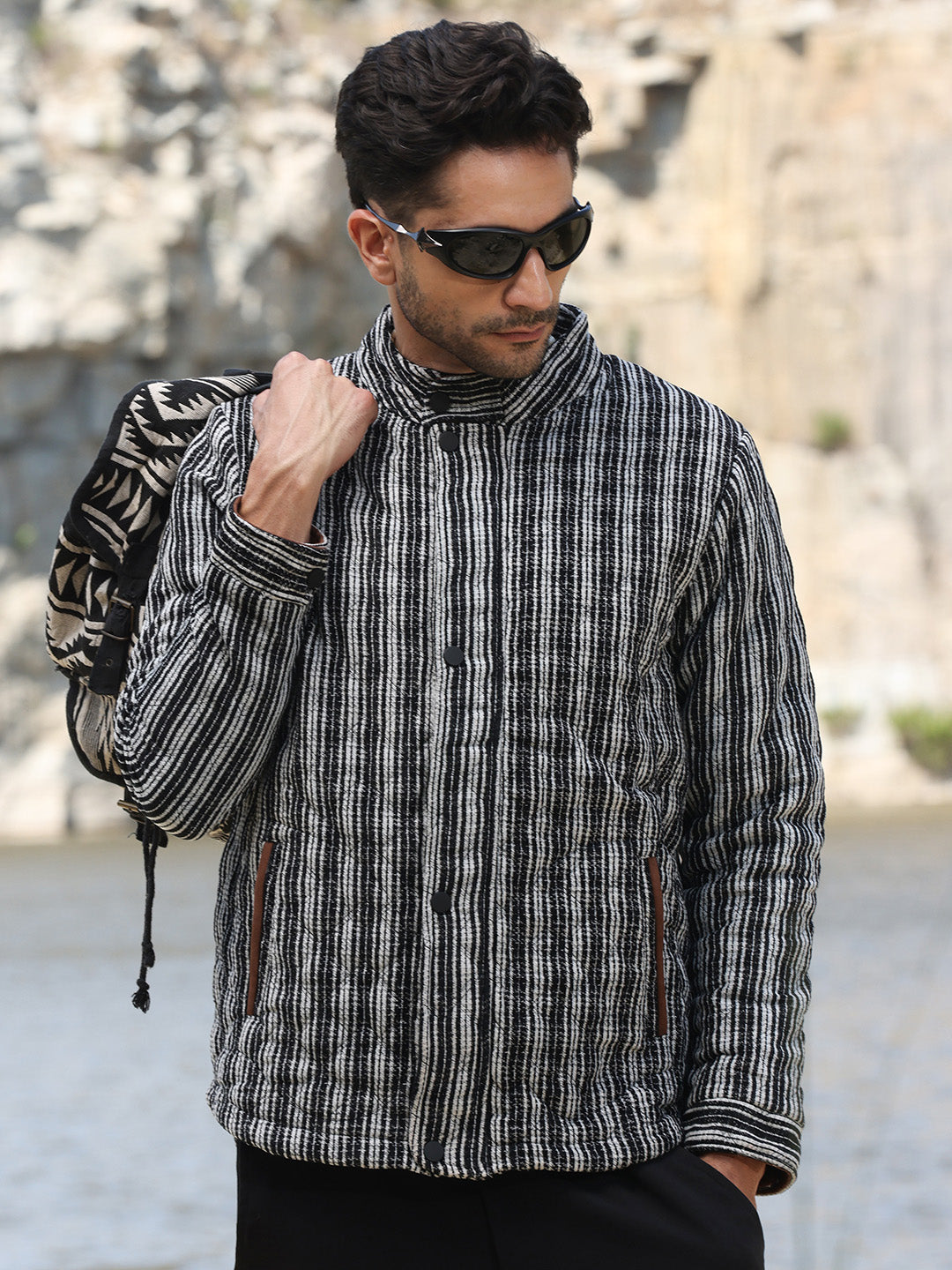 Mens Carbon Black Chalk White Multitrack Striped Quilted Jacket