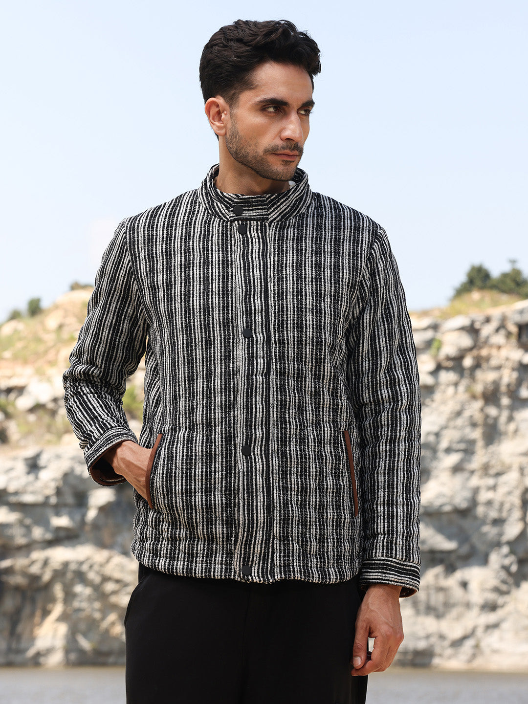 Mens Carbon Black Chalk White Multitrack Striped Quilted Jacket