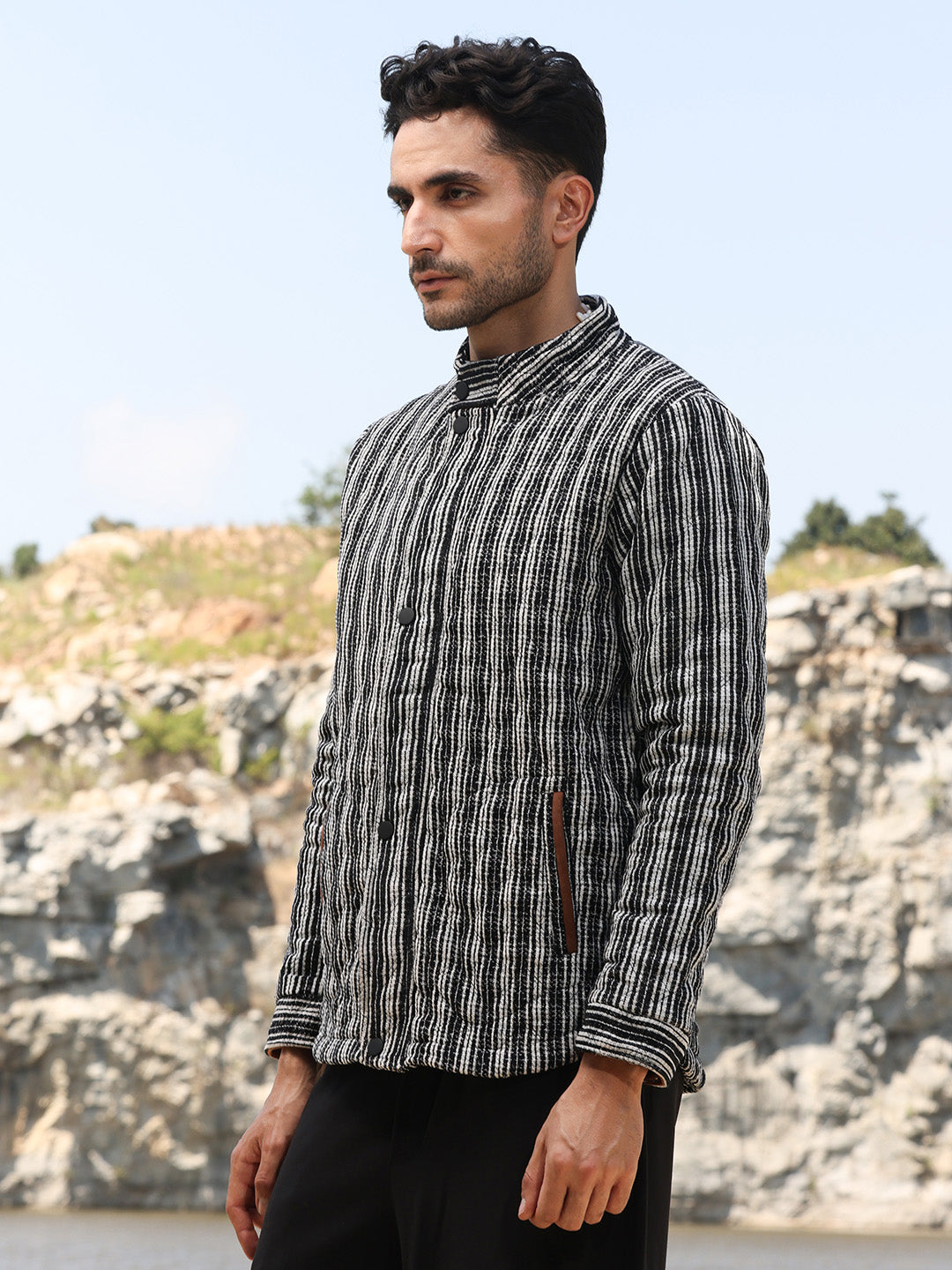 Mens Carbon Black Chalk White Multitrack Striped Quilted Jacket