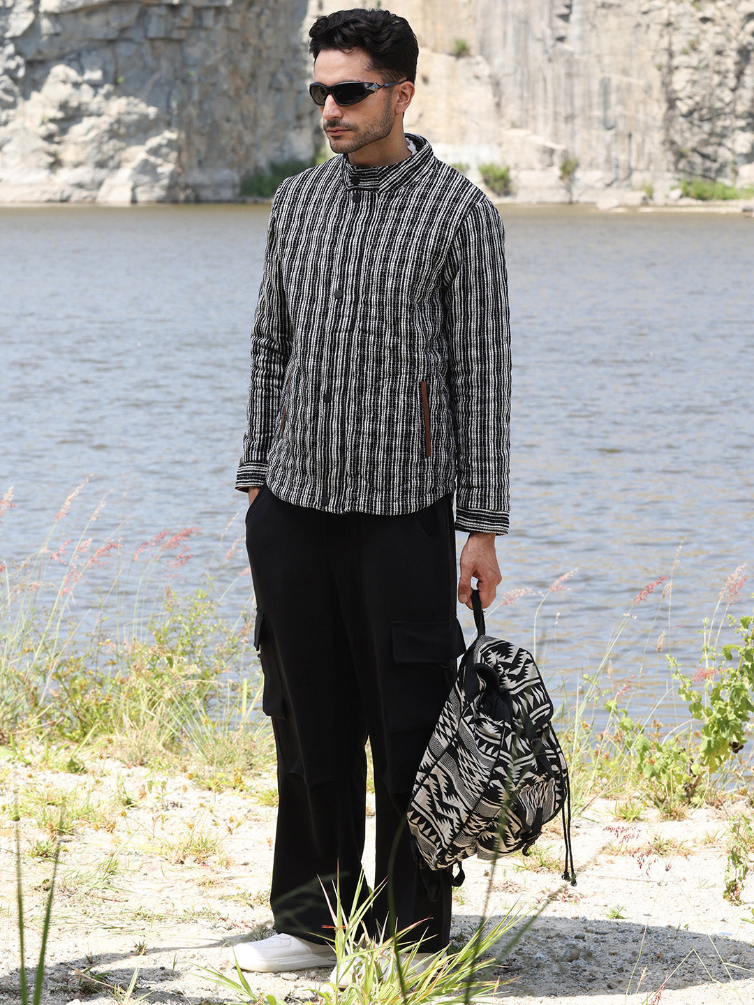 Mens Carbon Black Chalk White Multitrack Striped Quilted Jacket