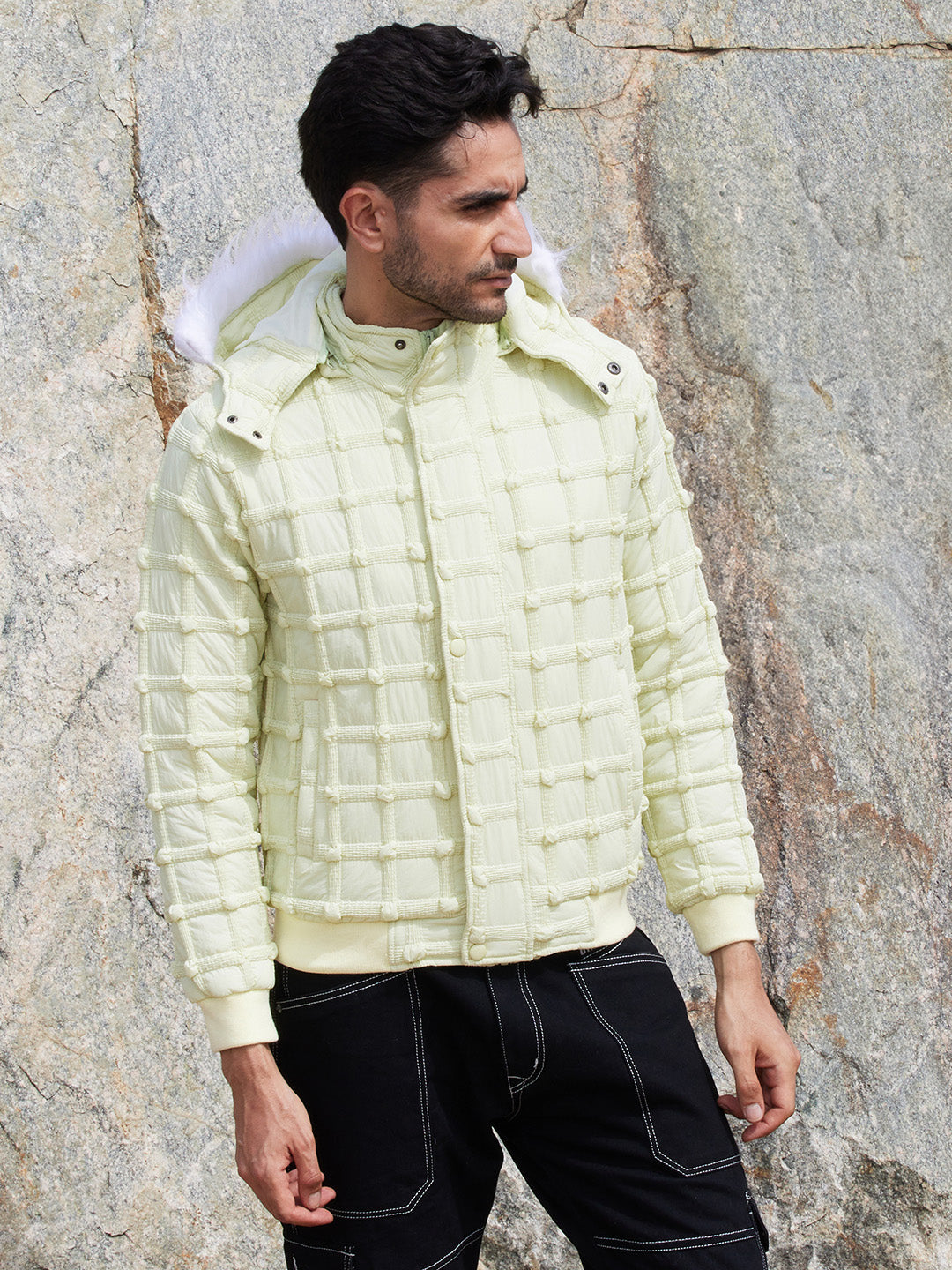 Mens Pale Yellow Self Design Puffer Jacket With Fleece Hood