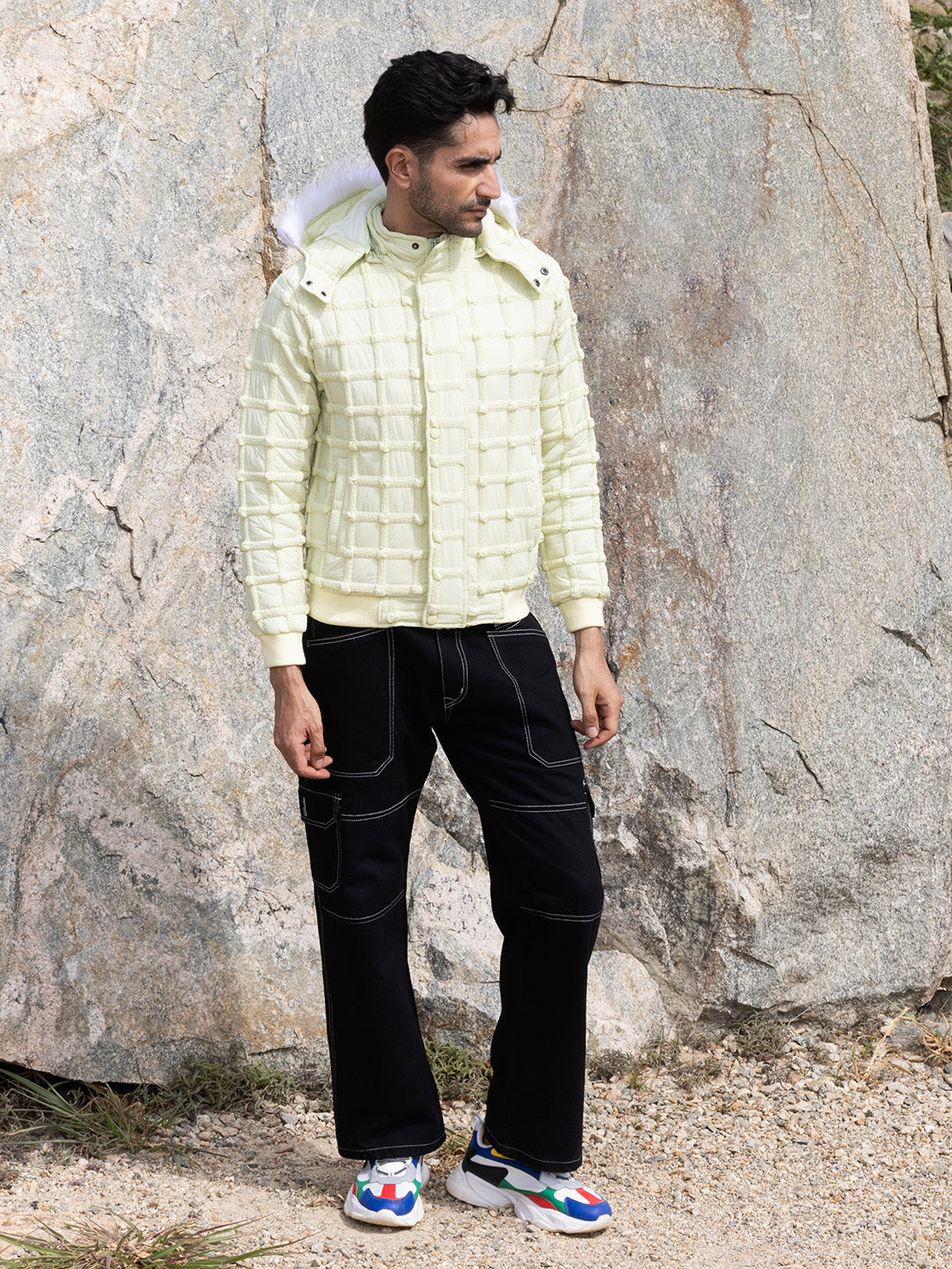 Mens Pale Yellow Self Design Puffer Jacket With Fleece Hood