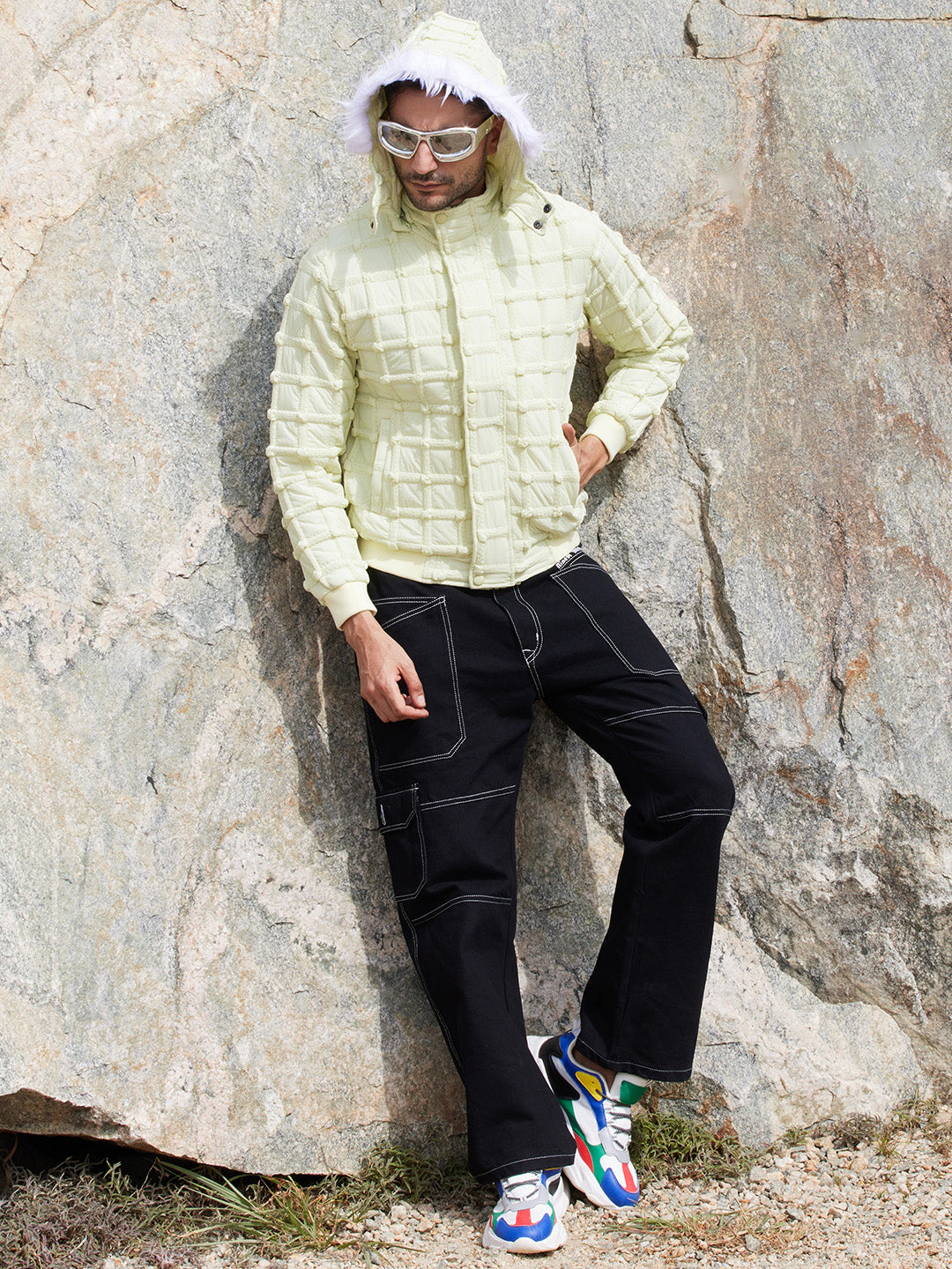 Mens Pale Yellow Self Design Puffer Jacket With Fleece Hood