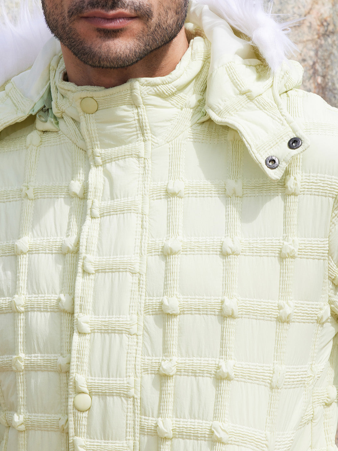 Mens Pale Yellow Self Design Puffer Jacket With Fleece Hood