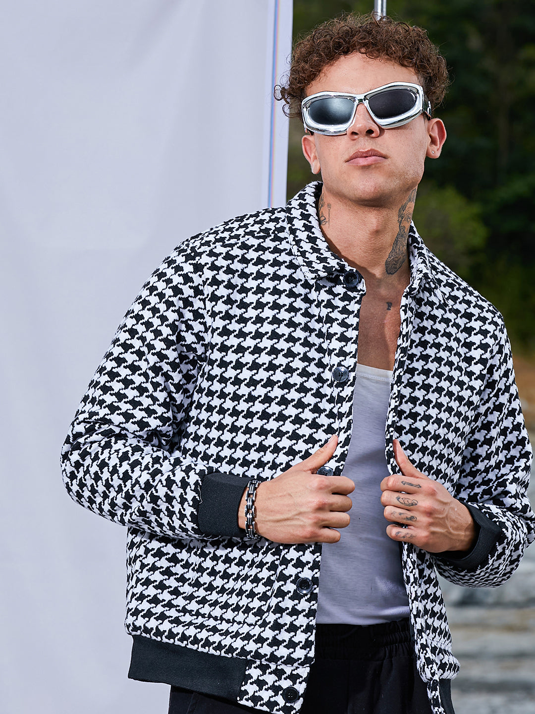 Mens Carbon Black Chalk White Houndstooth Denim Jacket