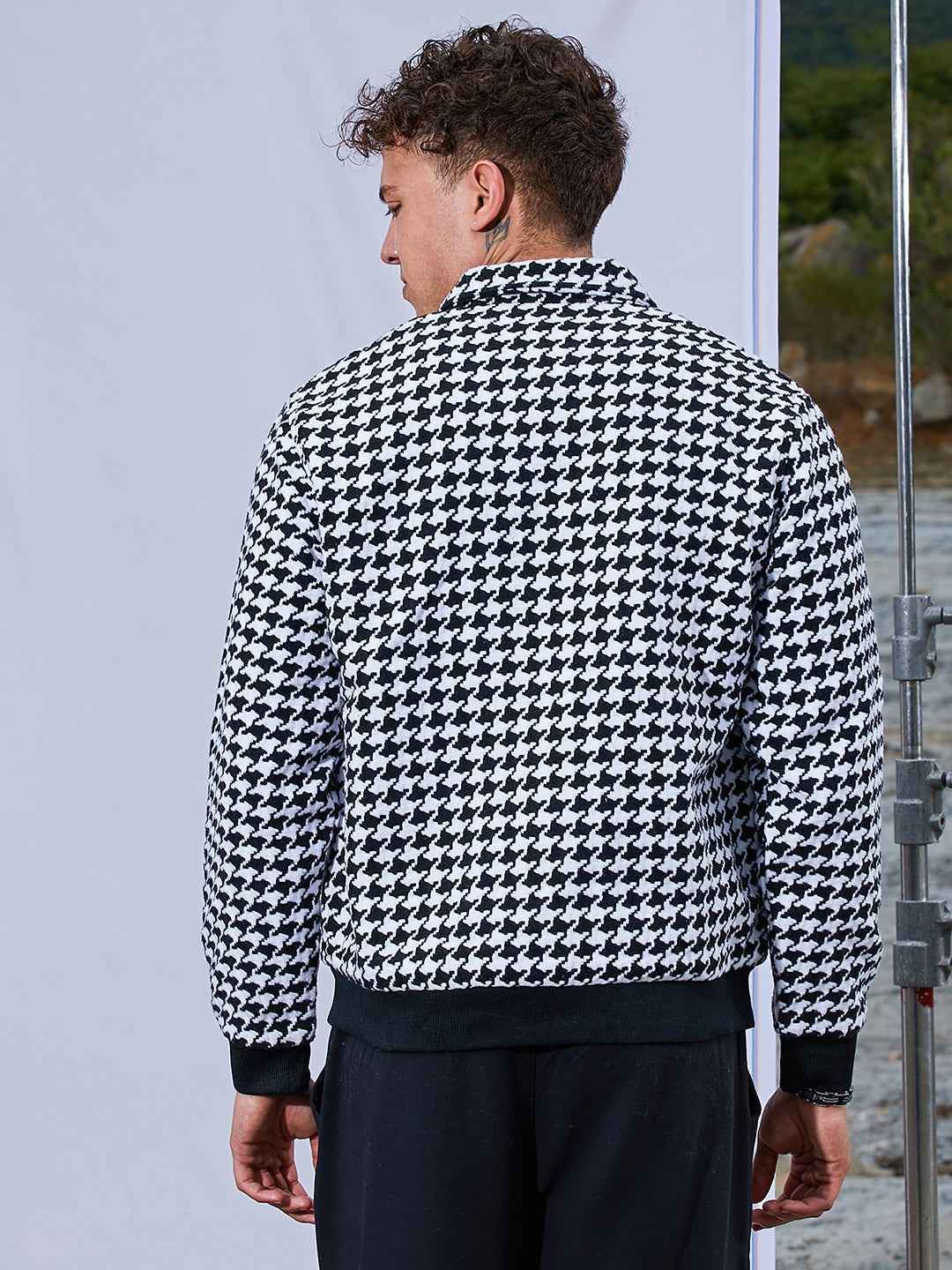 Mens Carbon Black Chalk White Houndstooth Denim Jacket