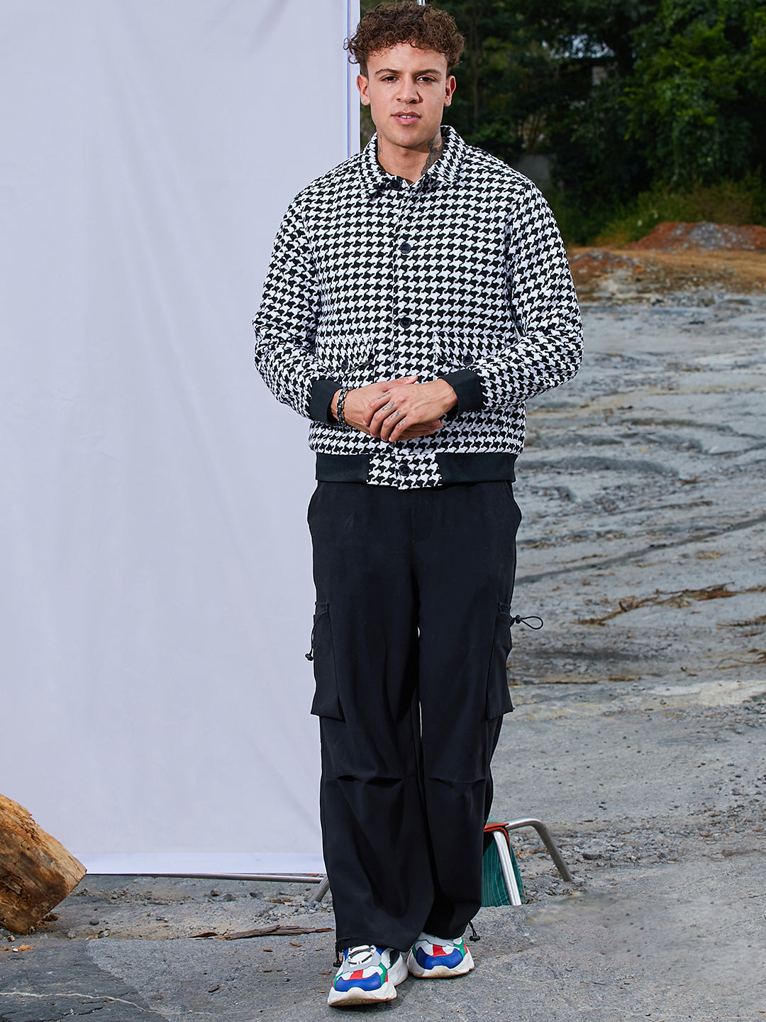 Mens Carbon Black Chalk White Houndstooth Denim Jacket