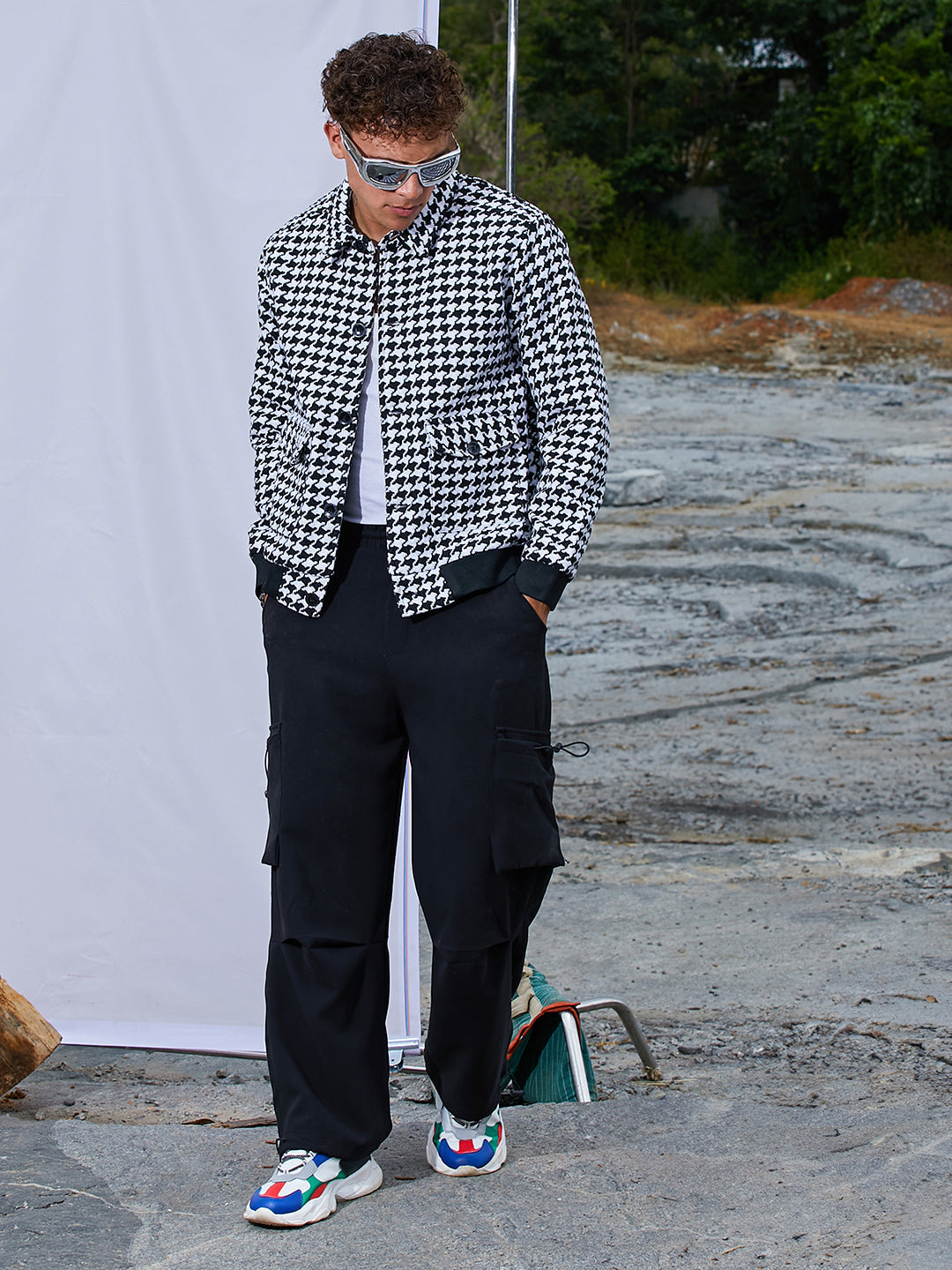 Mens Carbon Black Chalk White Houndstooth Denim Jacket