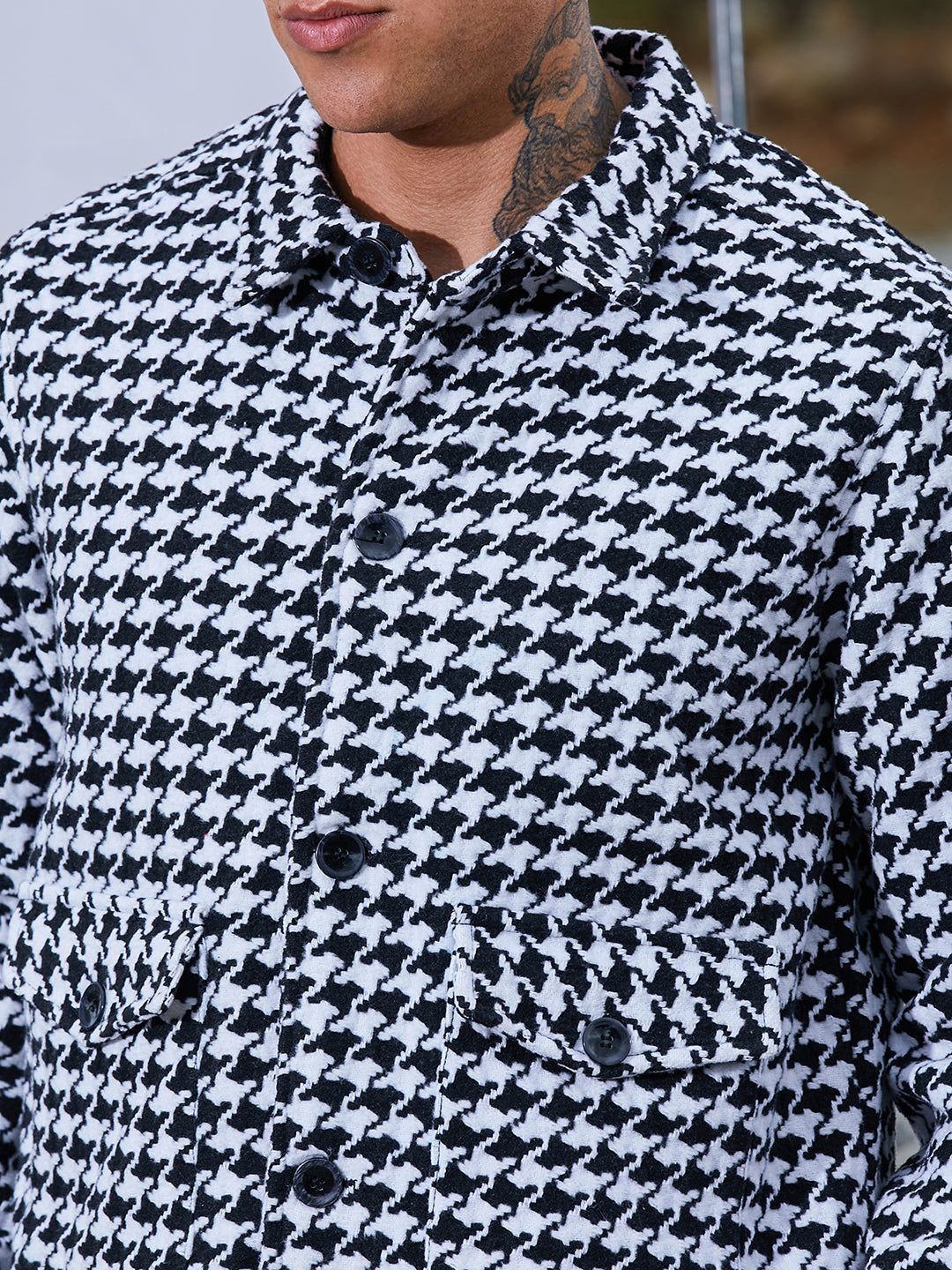 Mens Carbon Black Chalk White Houndstooth Denim Jacket