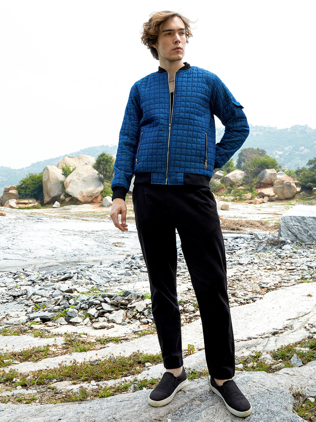 Mens Indigo Blue Cubic Quilted Bomber Jacket