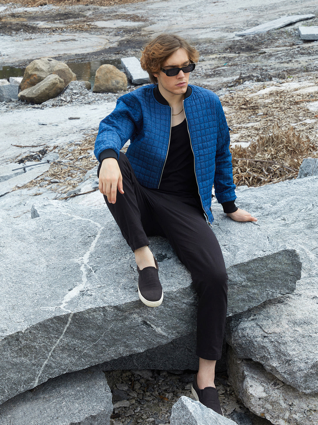 Mens Indigo Blue Cubic Quilted Bomber Jacket