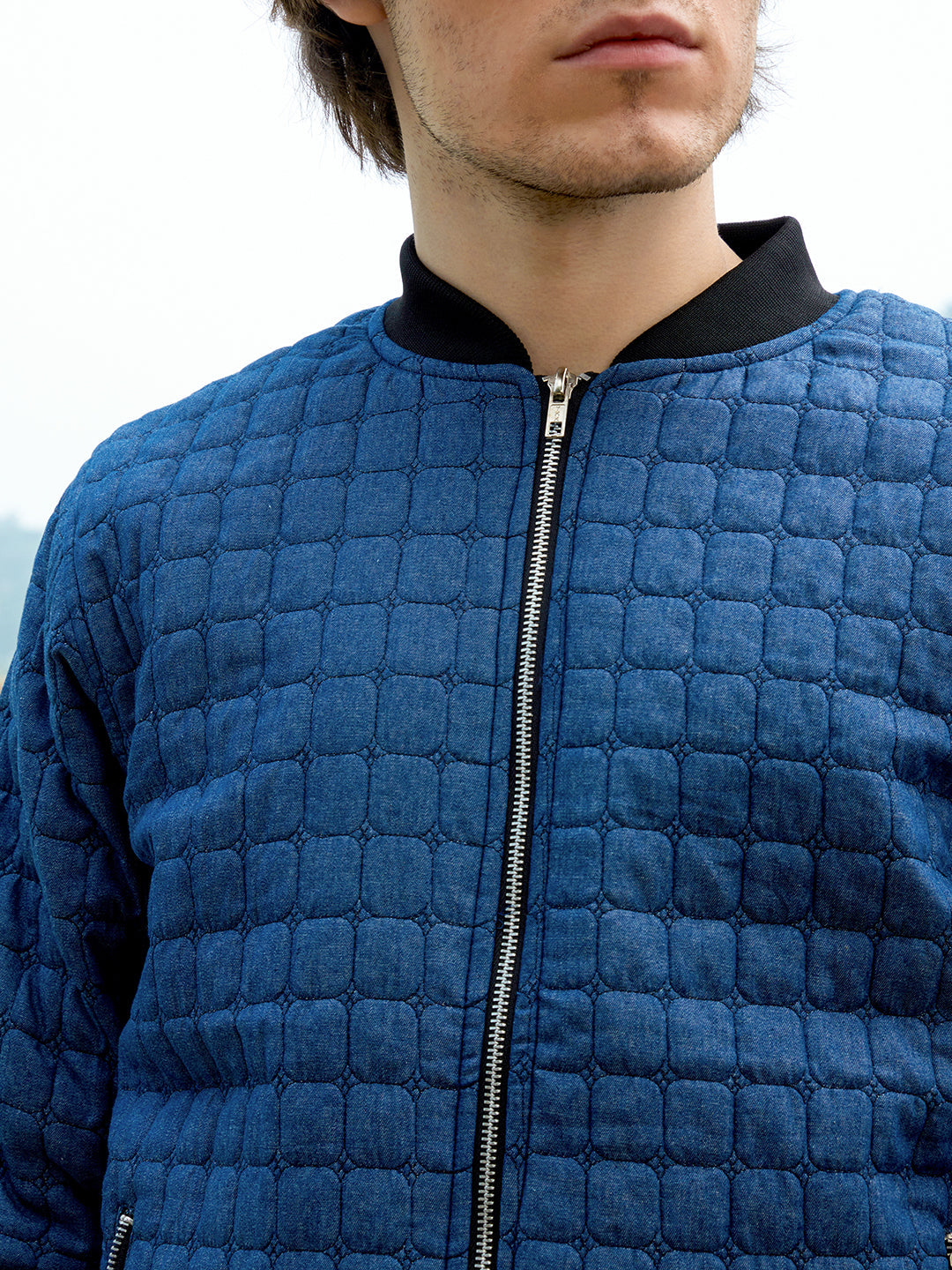 Mens Indigo Blue Cubic Quilted Bomber Jacket