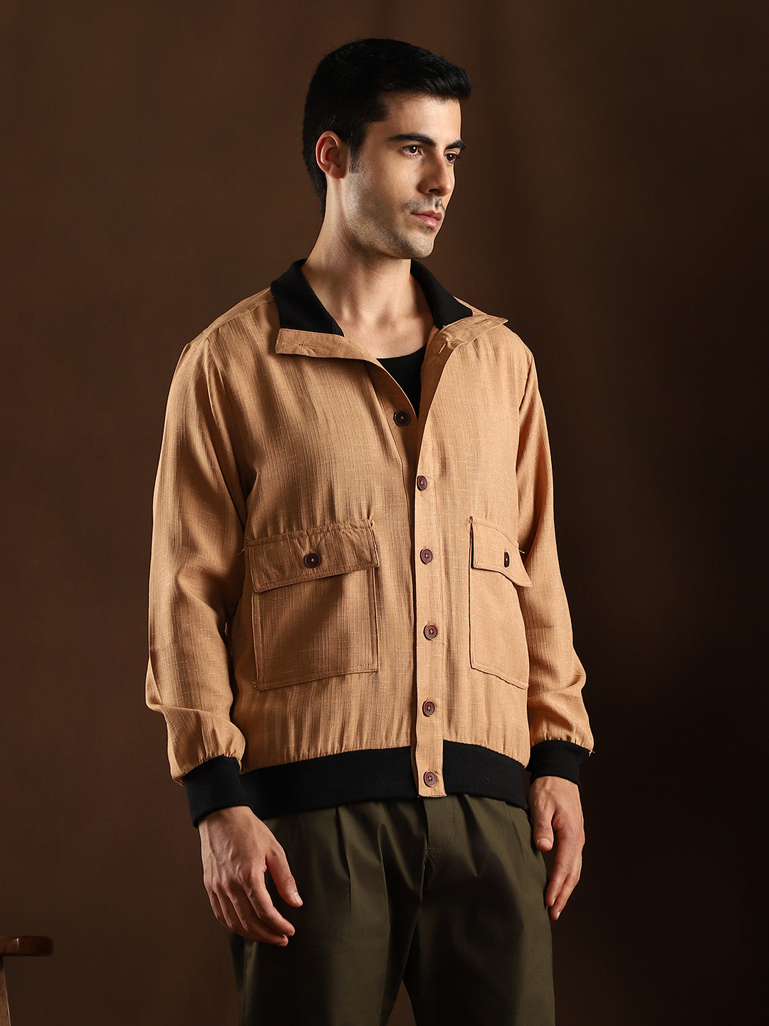 Mens Khaki Beige Tactile Utility Bomber Jacket
