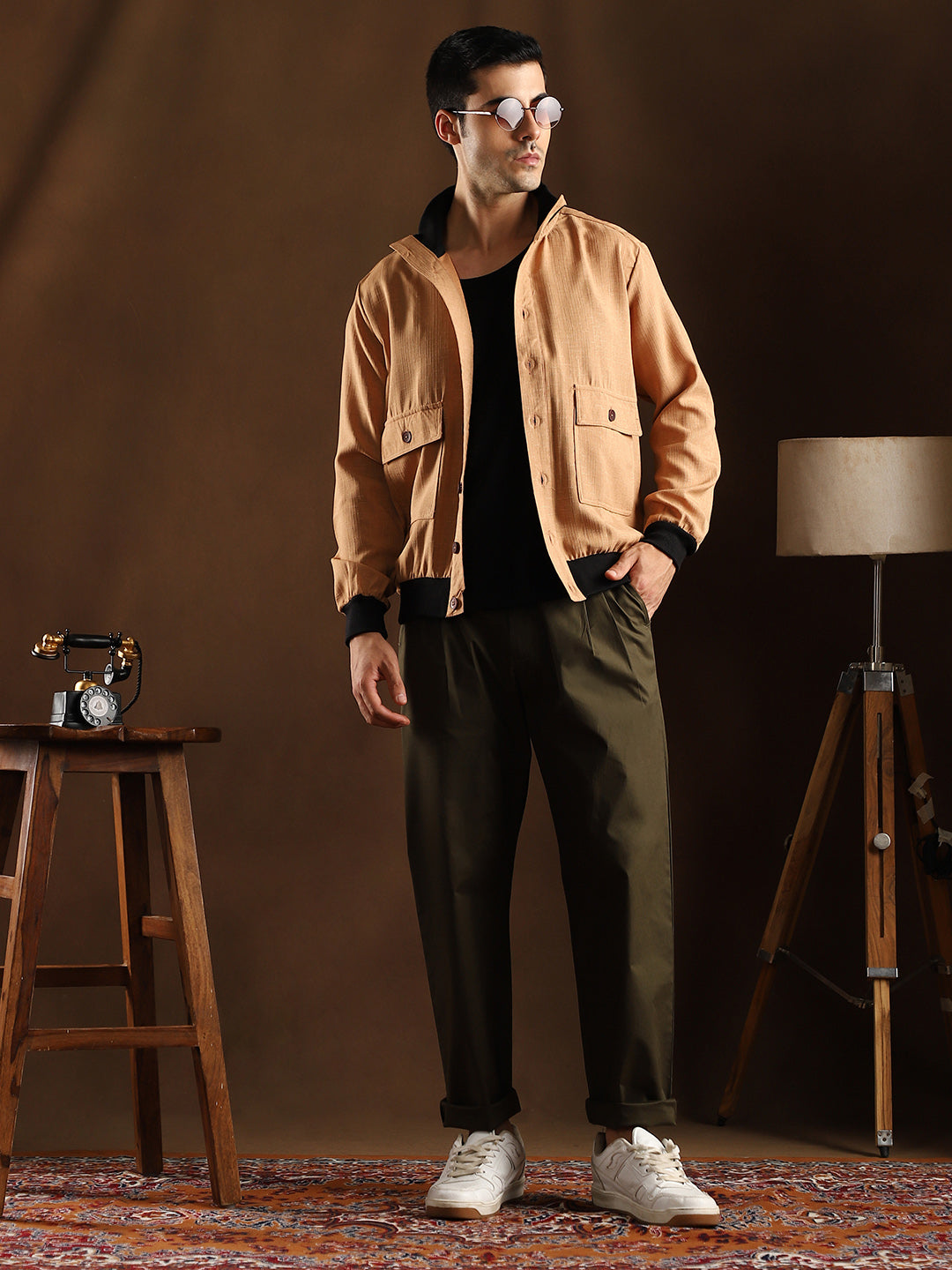 Mens Khaki Beige Tactile Utility Bomber Jacket