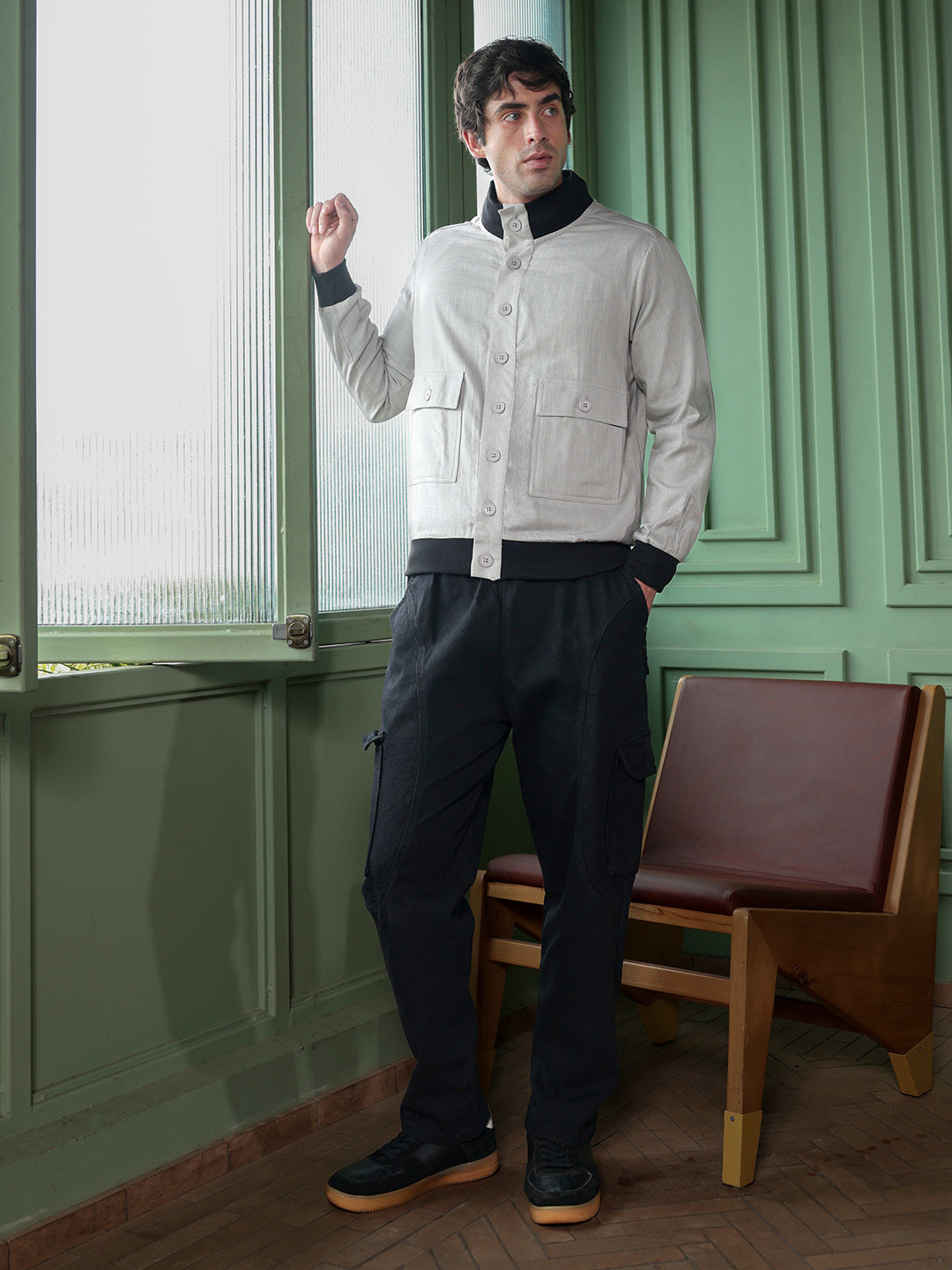 Mens Cloud Grey Tactile Utility Bomber Jacket