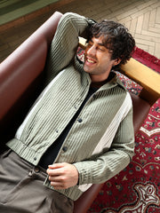 Mens Sage Green Cream White Panelled Crease Tactile Jacket