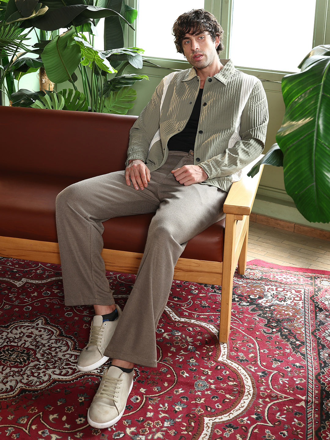 Mens Sage Green Cream White Panelled Crease Tactile Jacket