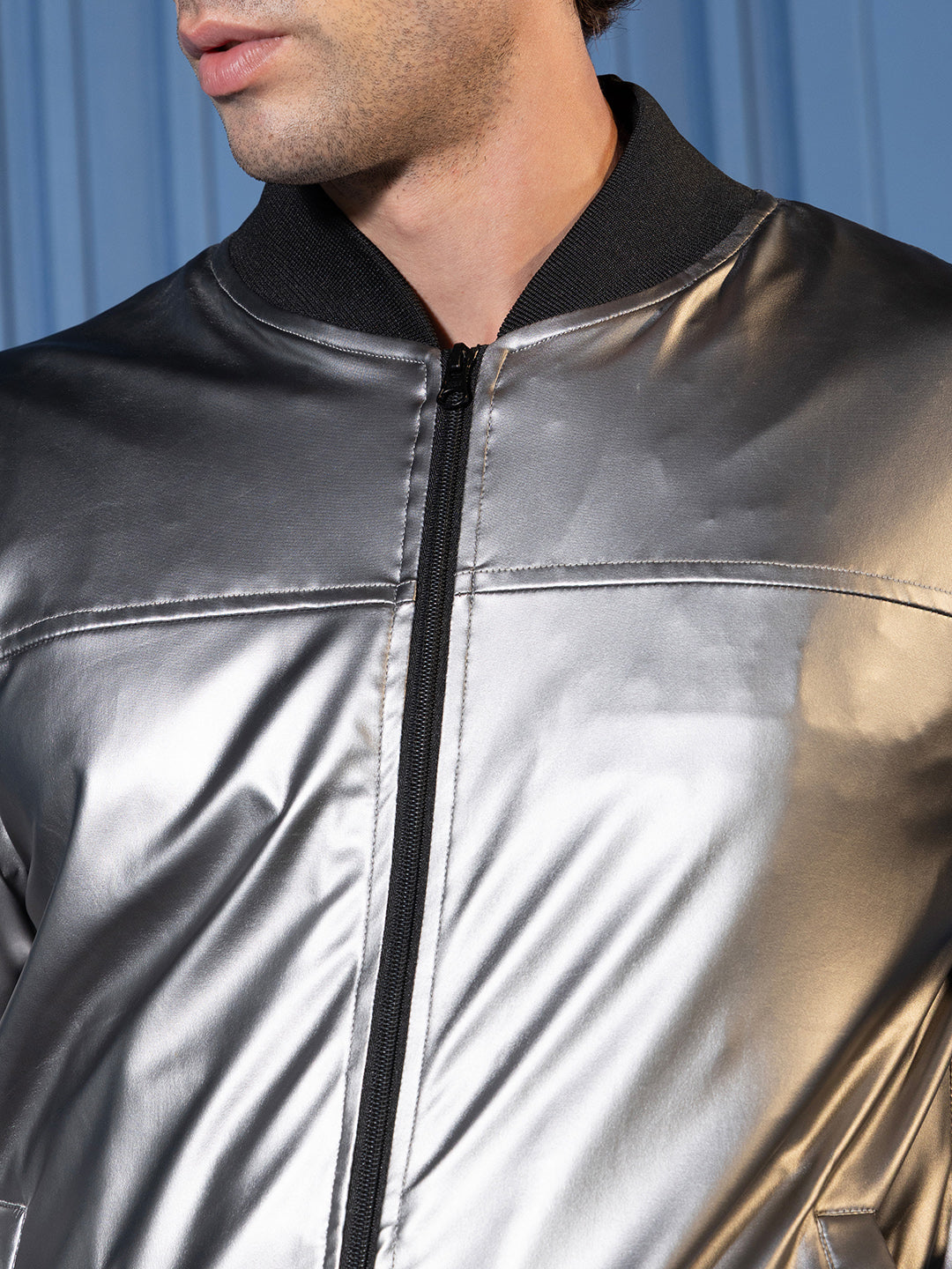 Mens Chalice Silver Patent Panel Bomber Jacket