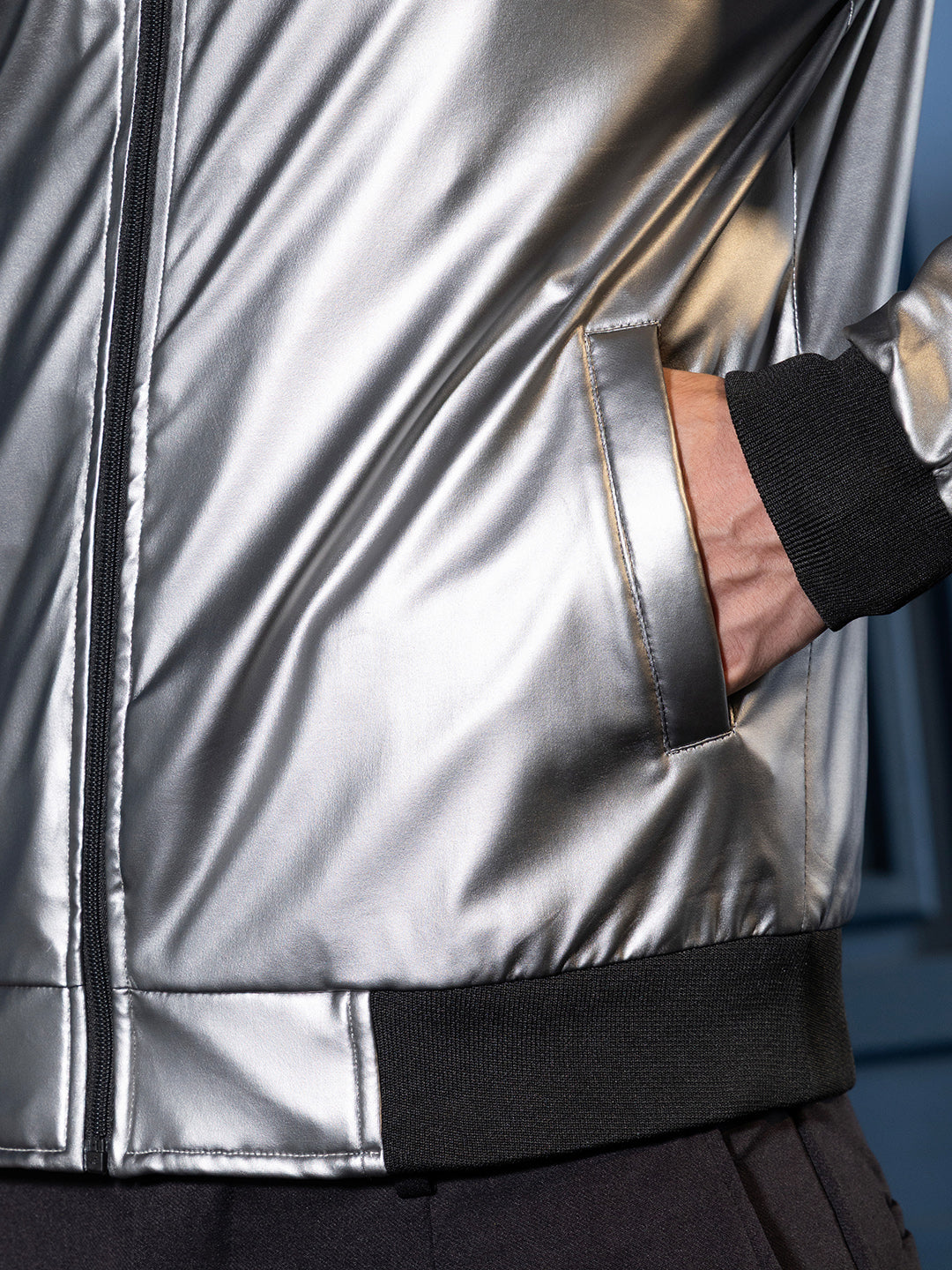 Mens Chalice Silver Patent Panel Bomber Jacket