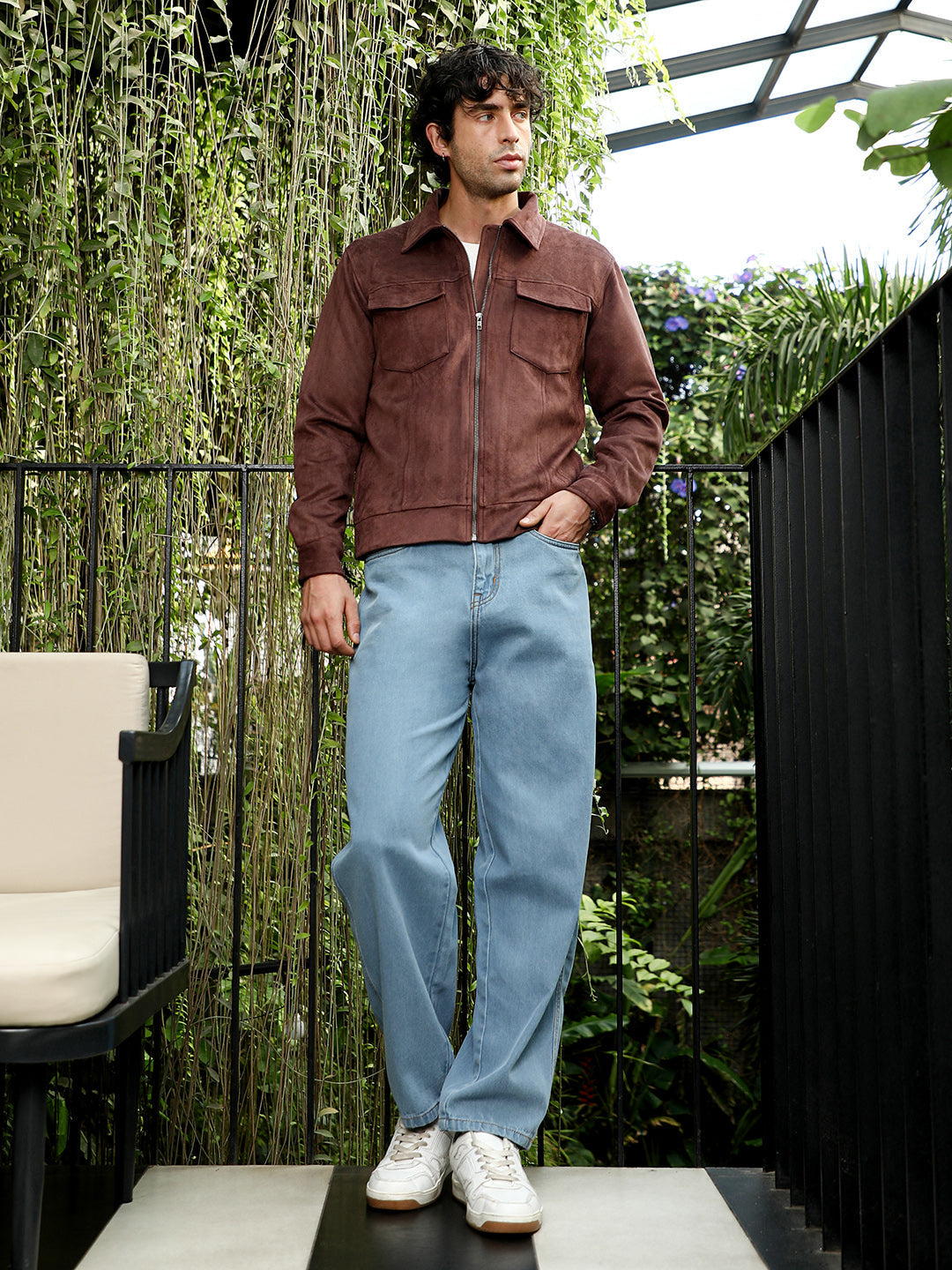 Mens Chocolate Brown Solid Utility Suede Bomber Jacket