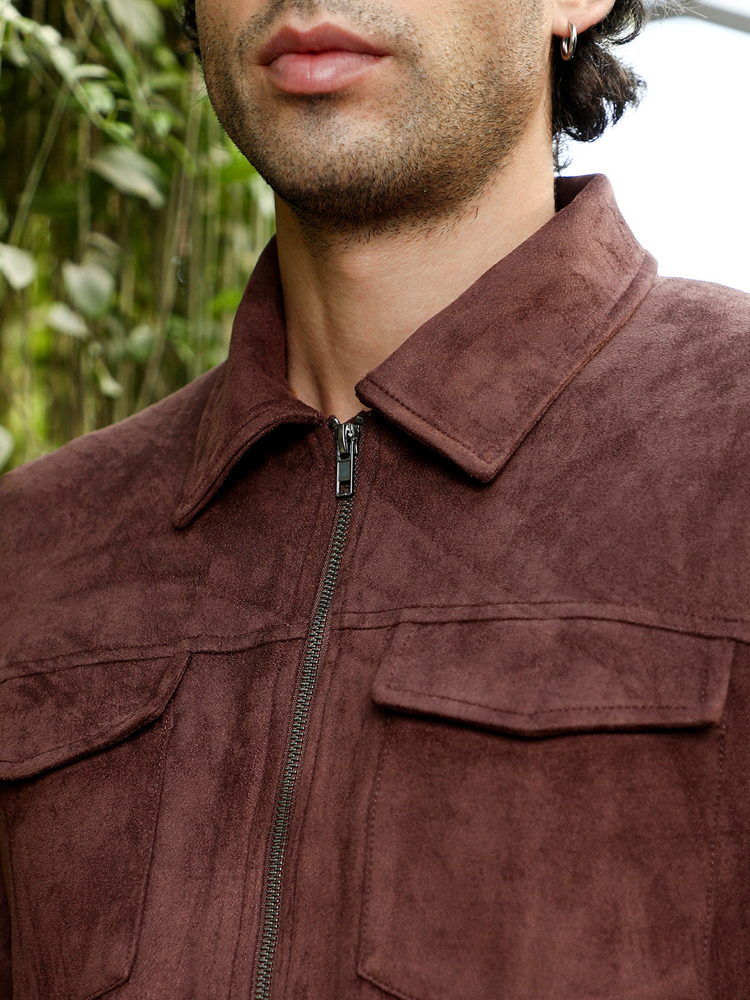 Mens Chocolate Brown Solid Utility Suede Bomber Jacket