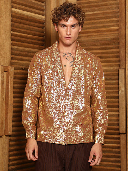 Campus Sutra - Metallic Shawl Collar Oversized Shirt