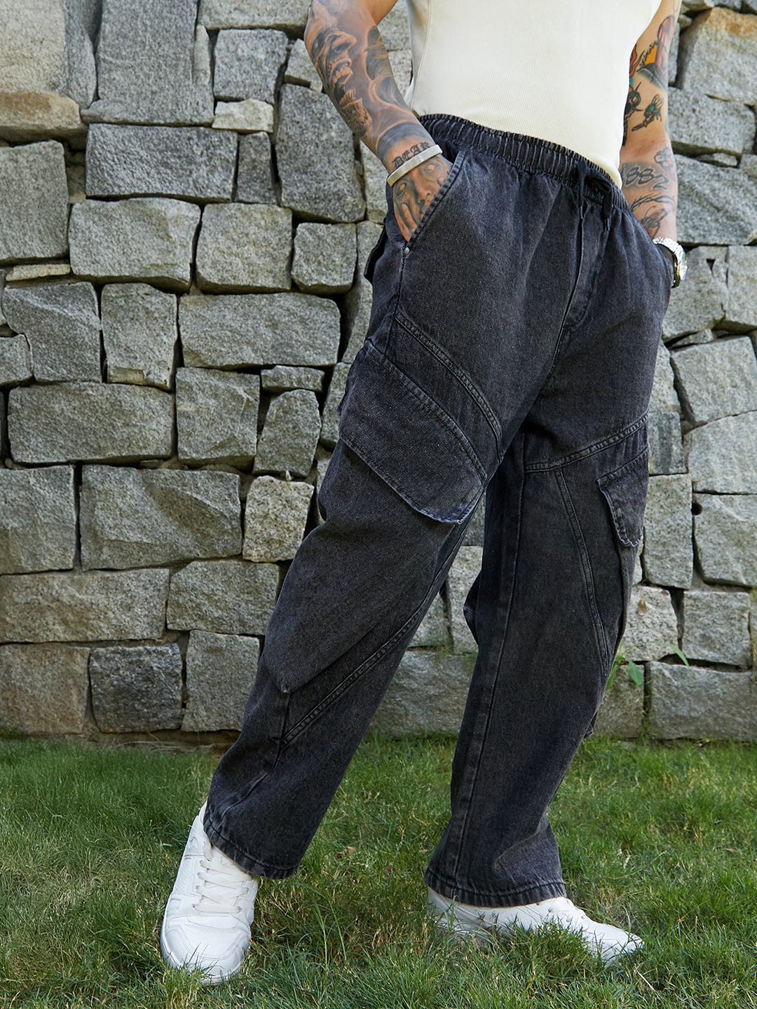 Dark-Wash Modular-Utility Denim Jeans