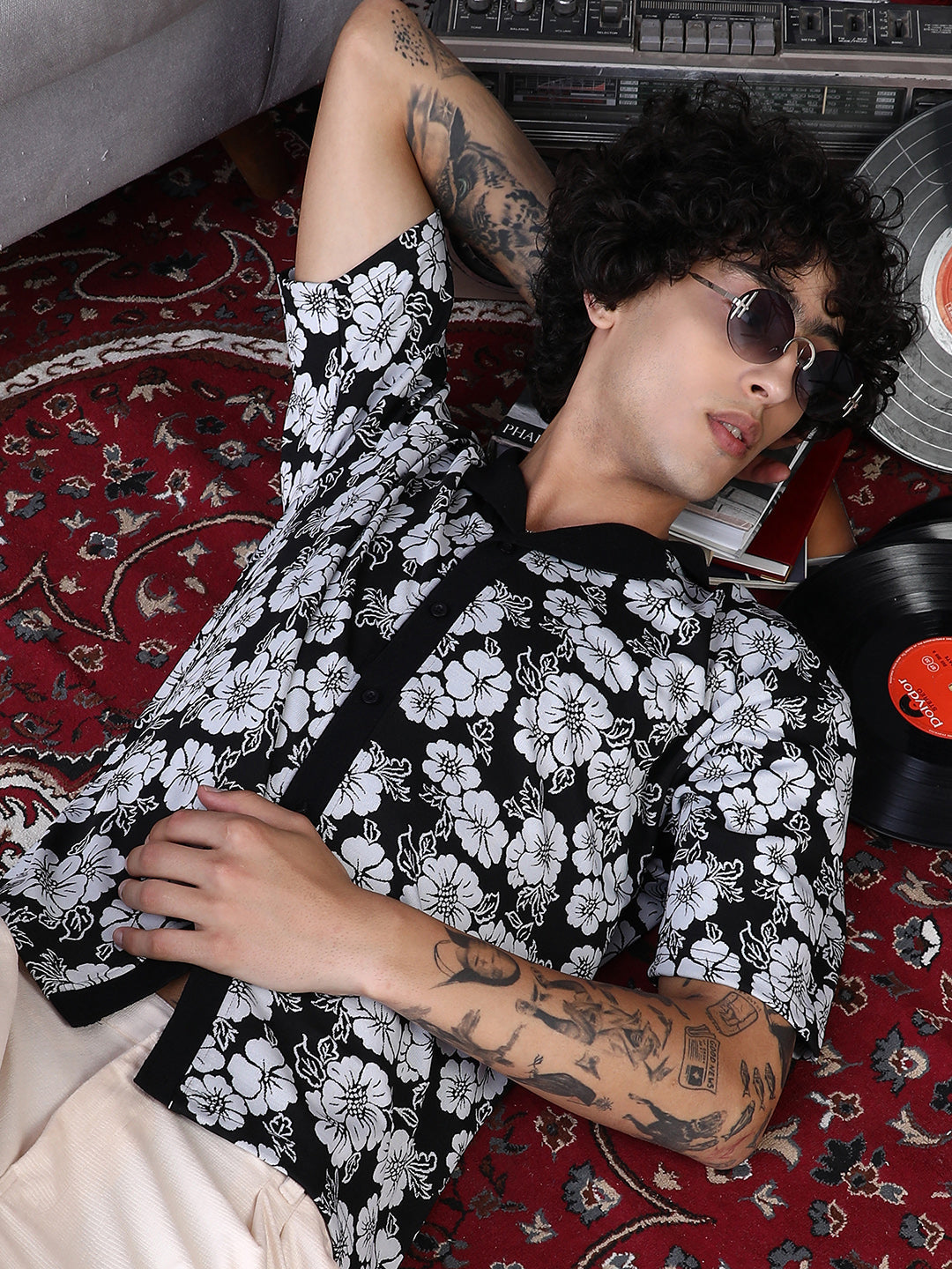 Bloom-Imprint Cuban-Polo Shirt