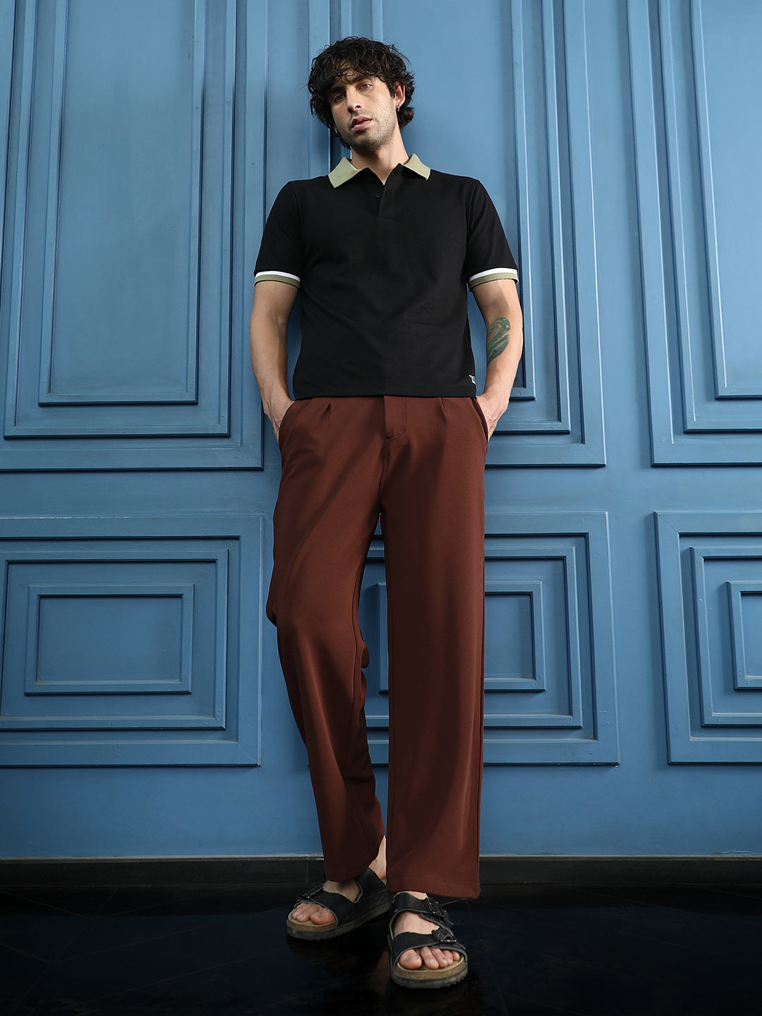 Mens Chestnut Brown Ribbed Straight Fit Trousers