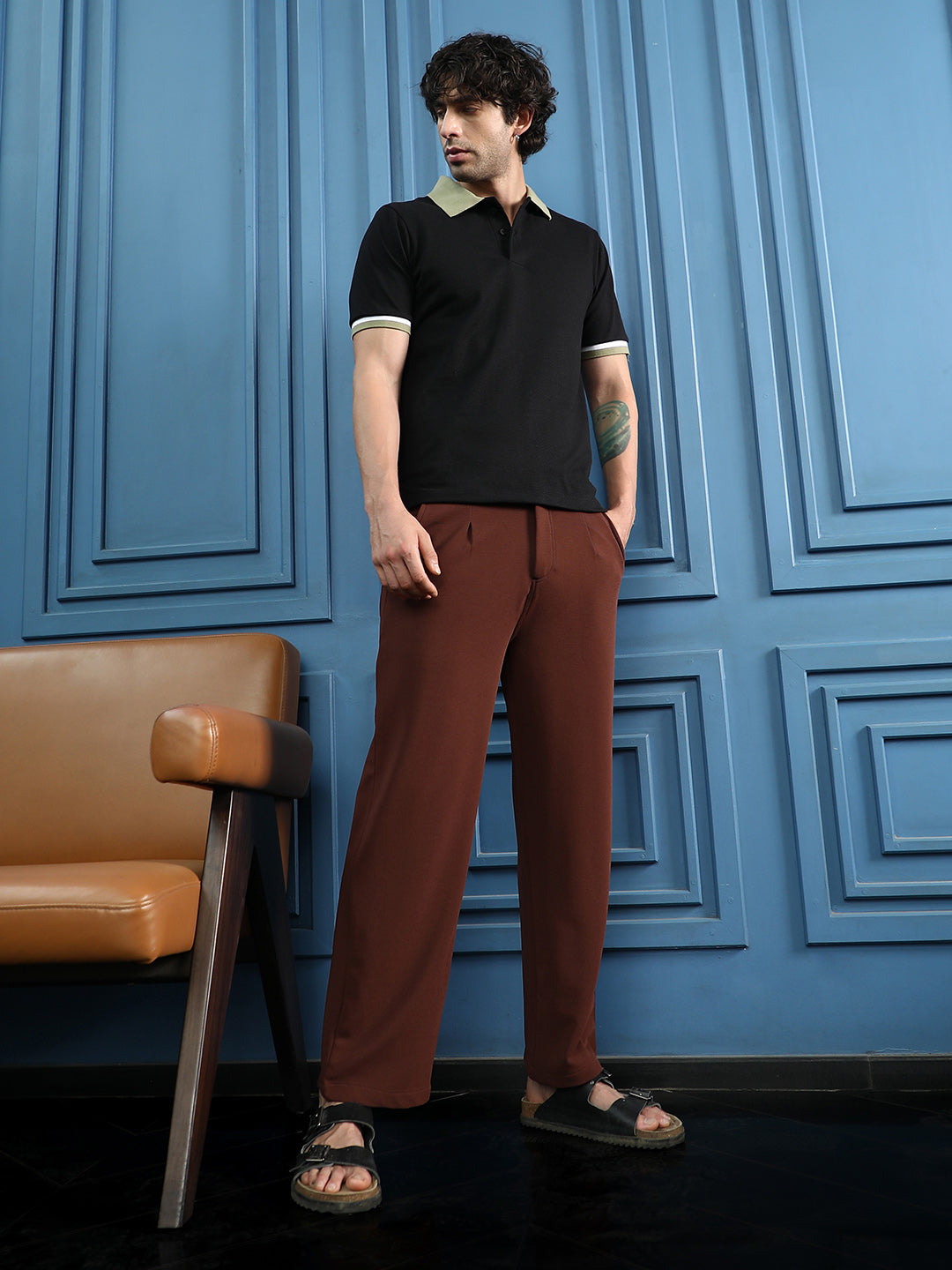 Mens Chestnut Brown Ribbed Straight Fit Trousers
