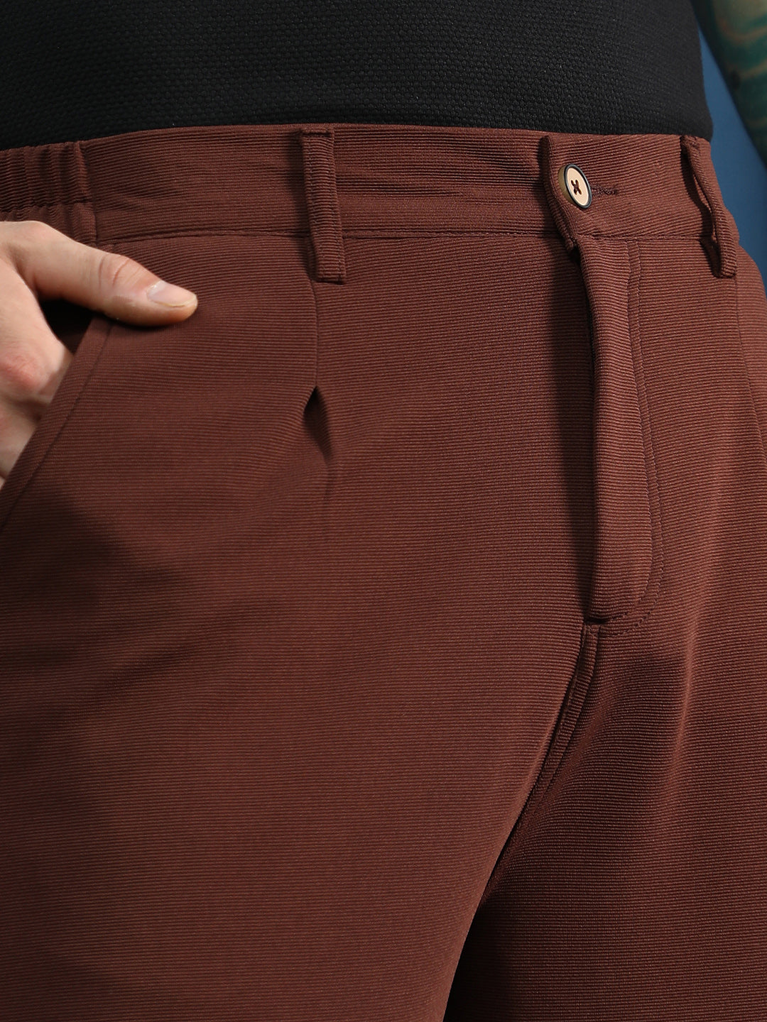 Mens Chestnut Brown Ribbed Straight Fit Trousers