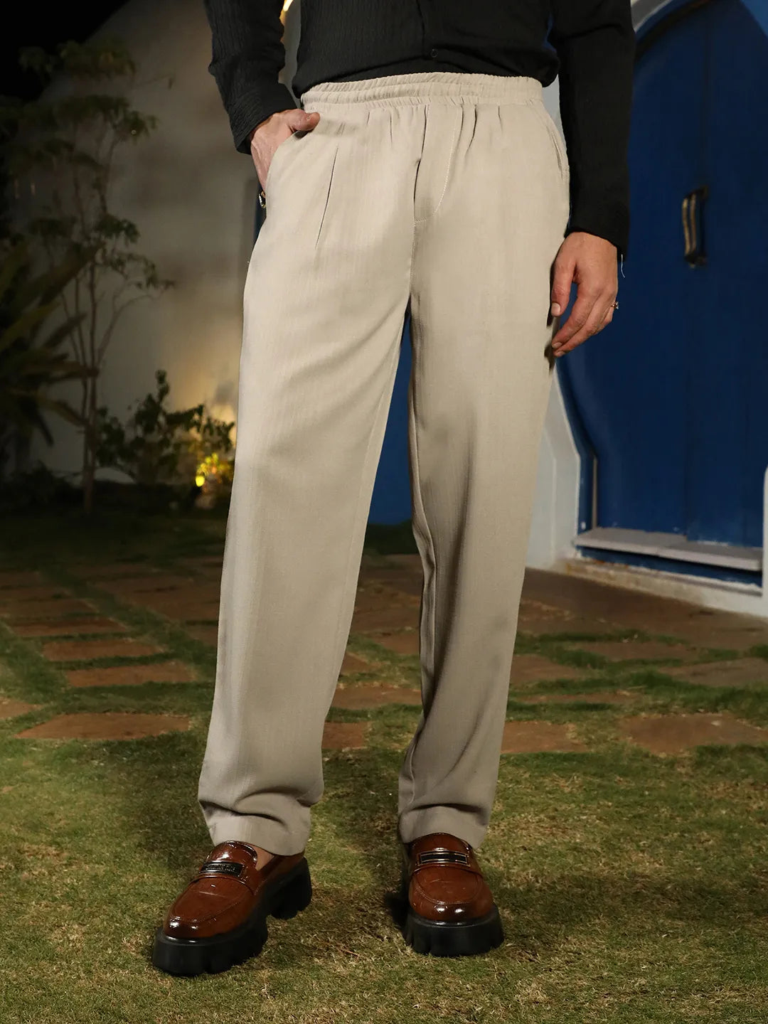 Mens Greige Tailored Linen Blend Trousers