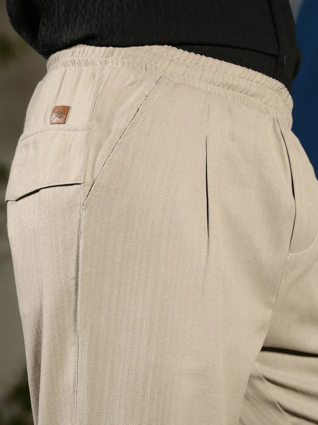 Mens Greige Tailored Linen Blend Trousers