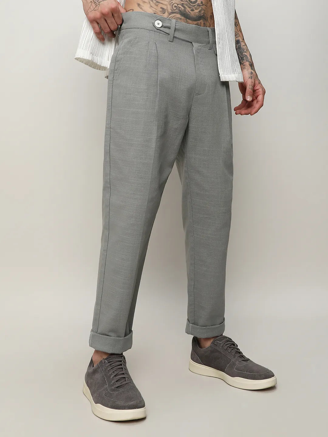 Mens Moon Grey Solid Tailored Trousers