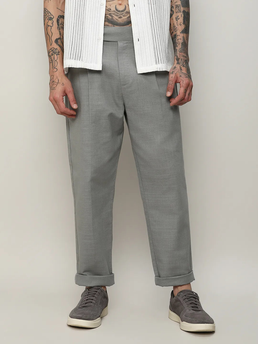Mens Moon Grey Solid Tailored Trousers