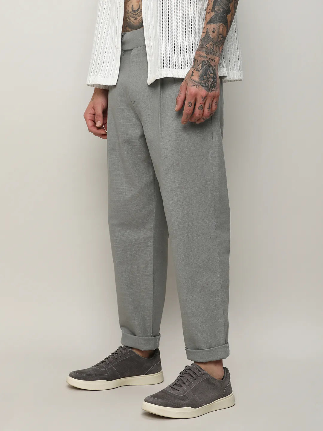 Mens Moon Grey Solid Tailored Trousers