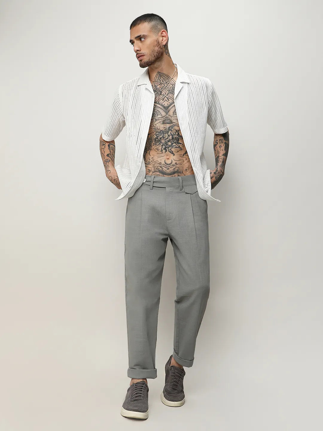Mens Moon Grey Solid Tailored Trousers
