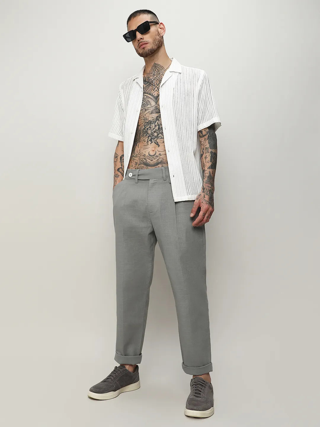 Mens Moon Grey Solid Tailored Trousers